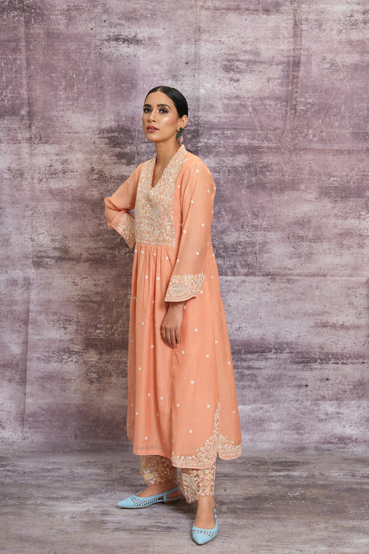 Peach Dori Paisley Frock Style Kurta Set