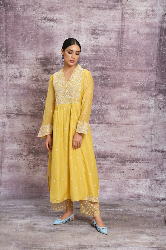 Yellow Dori Paisley Frock Style Kurta Set