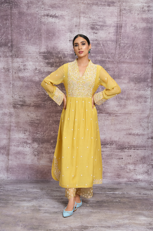 Yellow Dori Paisley Frock Style Kurta Set