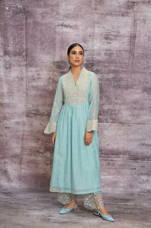 Light Blue Dori Paisley Frock Style Kurta Set
