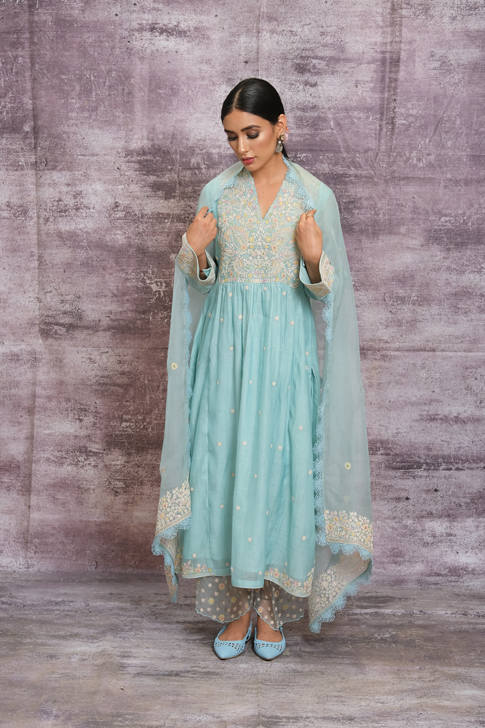 Light Blue Dori Paisley Frock Style Kurta Set