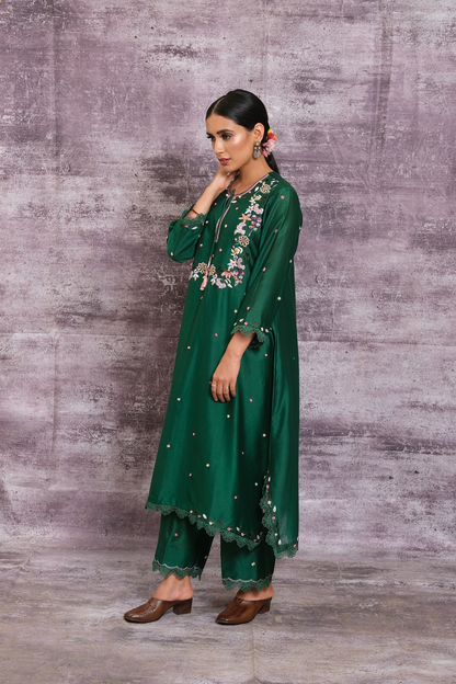 Emerald Green French Knot Handkerchief Style Kurta Set