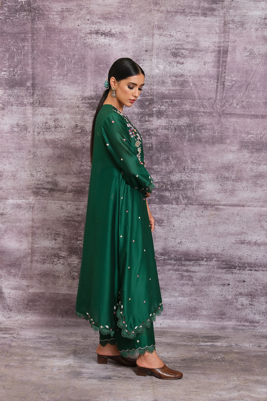 Emerald Green French Knot Handkerchief Style Kurta Set