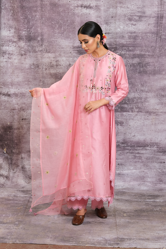 Pink French Knot Handkerchief Style Kurta Set