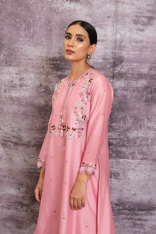 Pink French Knot Handkerchief Style Kurta Set