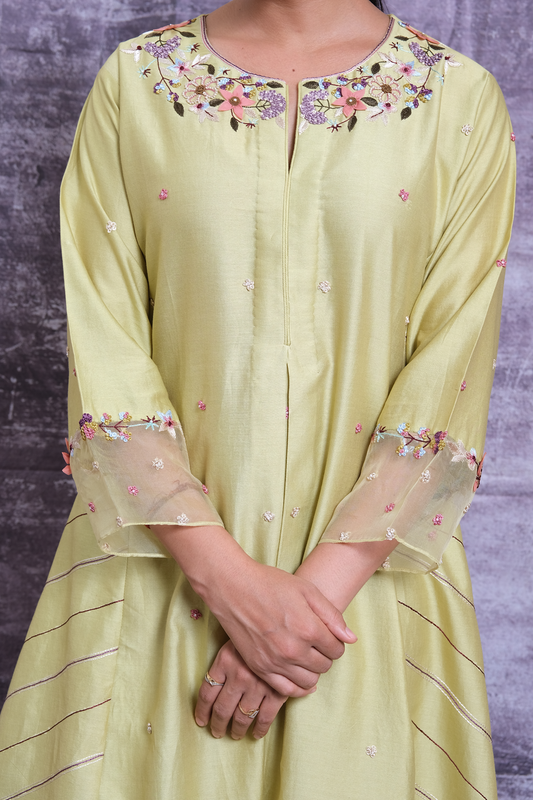 Green French Knot Style Stripe Kurta Set