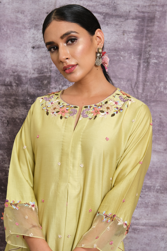 Green French Knot Style Stripe Kurta Set