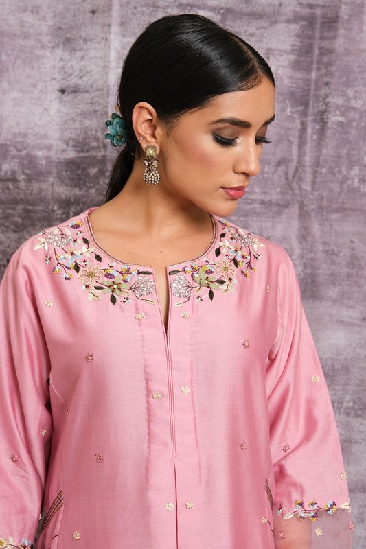 Pink French Knot Style Stripe Kurta Set