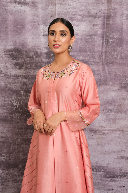 Pink French Knot Style Stripe Kurta Set