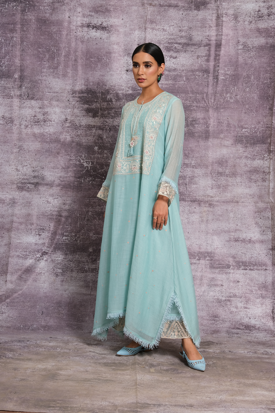 Light Blue Dori Paisley Yoke Long Kurta Set