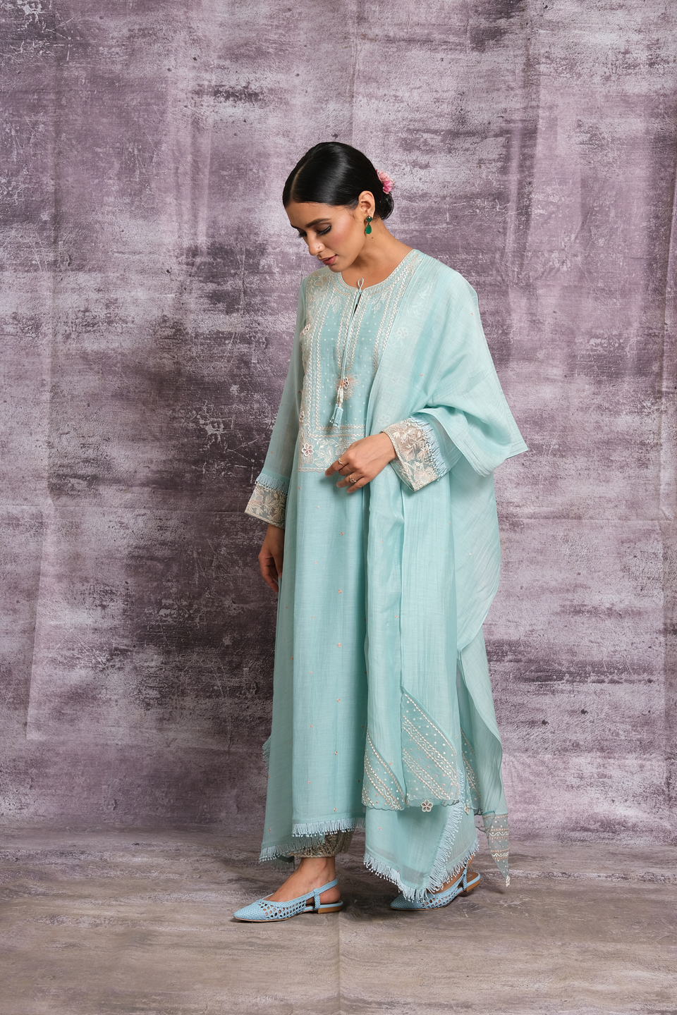 Light Blue Dori Paisley Yoke Long Kurta Set