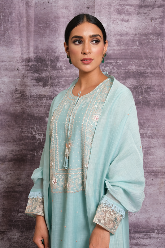 Light Blue Thread Jaal Square Neck Kurta Set