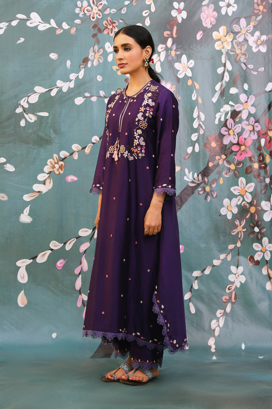Purple French Knot Handkerchief Style Kurta Set