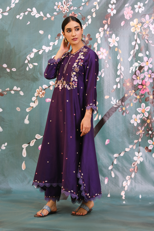Purple French Knot Handkerchief Style Kurta Set
