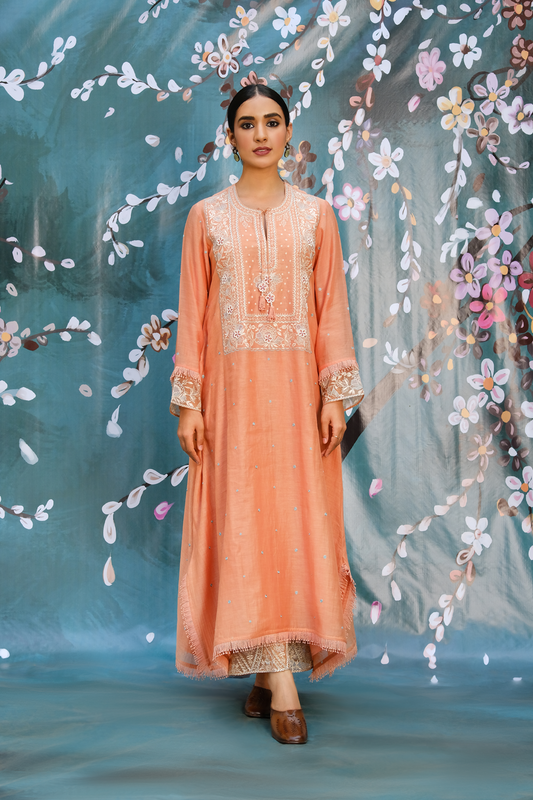 Peach Thread Jaal Square Neck Kurta Set
