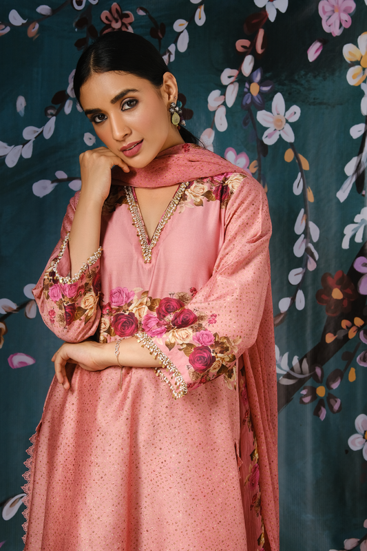 Pink Vintage Rose Style Kurta Set