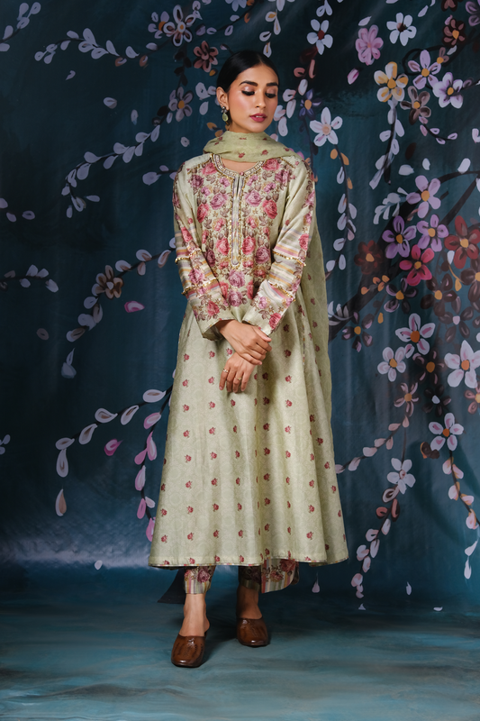 Mint Green Classic Neck Rose And Stripe Kurta Set