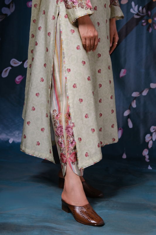 Mint Green Classic Neck Rose And Stripe Kurta Set