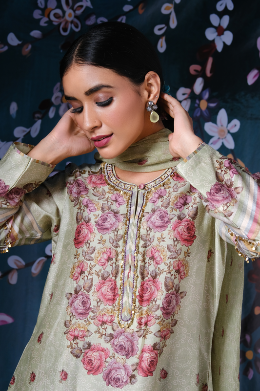 Mint Green Classic Neck Rose And Stripe Kurta Set