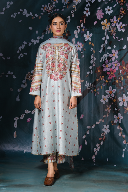 Blue Classic Neck Rose And Stripe Kurta Set