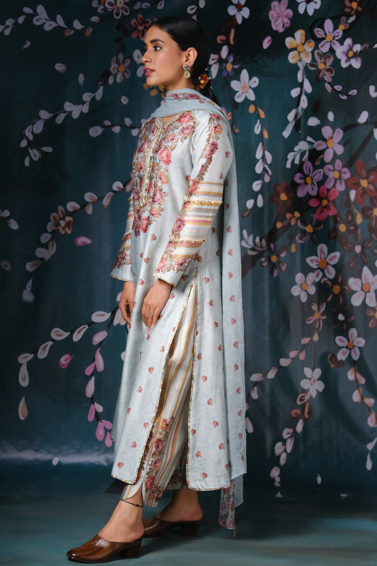 Blue Classic Neck Rose And Stripe Kurta Set