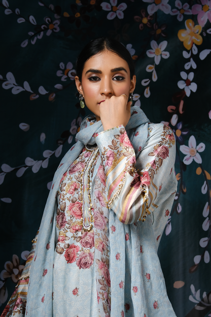 Blue Classic Neck Rose And Stripe Kurta Set