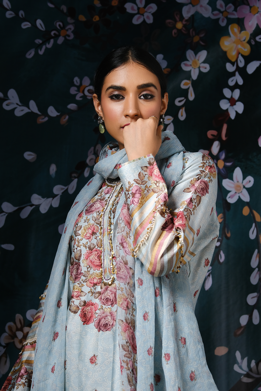 Blue Classic Neck Rose And Stripe Kurta Set