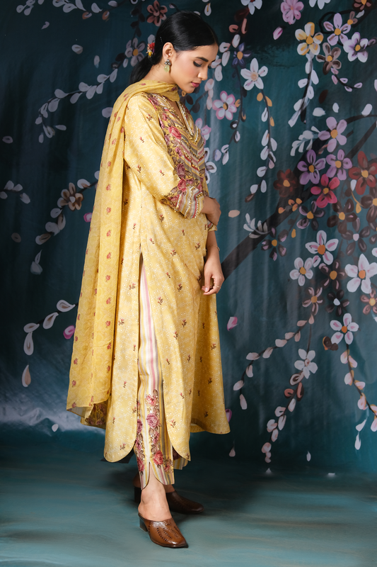 Yellow Yoke Neck Rose And Stripe Kurta Set