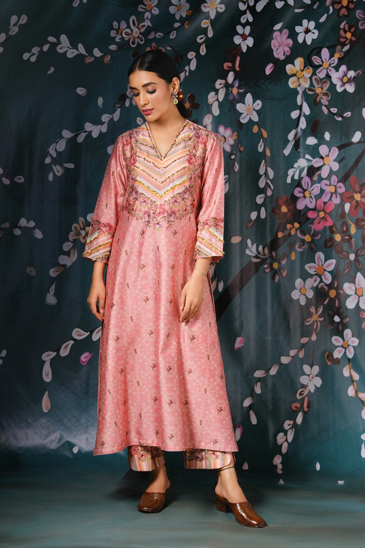 Pink Yoke Neck Rose And Stripe Kurta Set