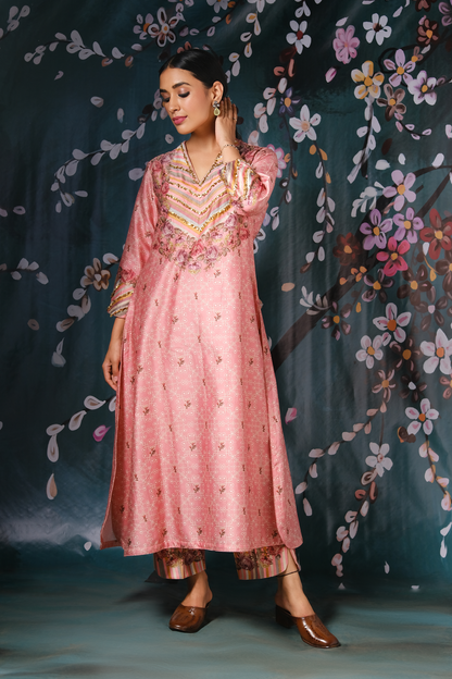 Pink Yoke Neck Rose And Stripe Kurta Set