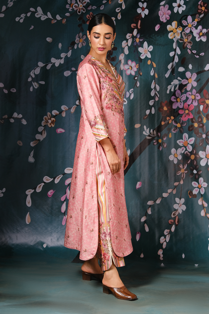 Pink Yoke Neck Rose And Stripe Kurta Set