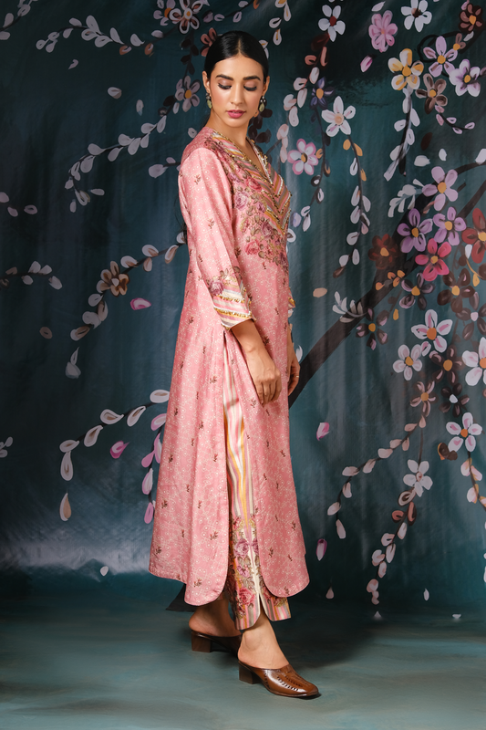Pink Yoke Neck Rose And Stripe Kurta Set