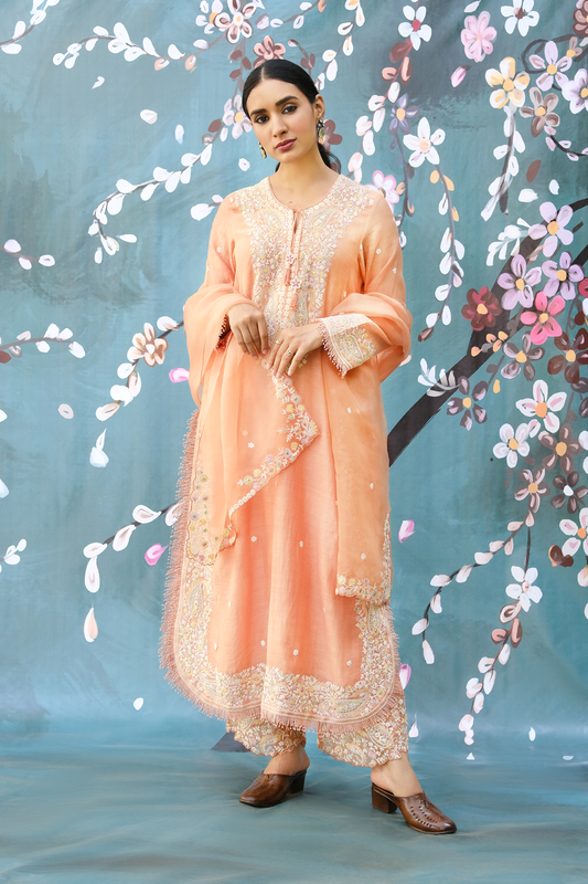 Peach Dori Paisley Long Kurta Set