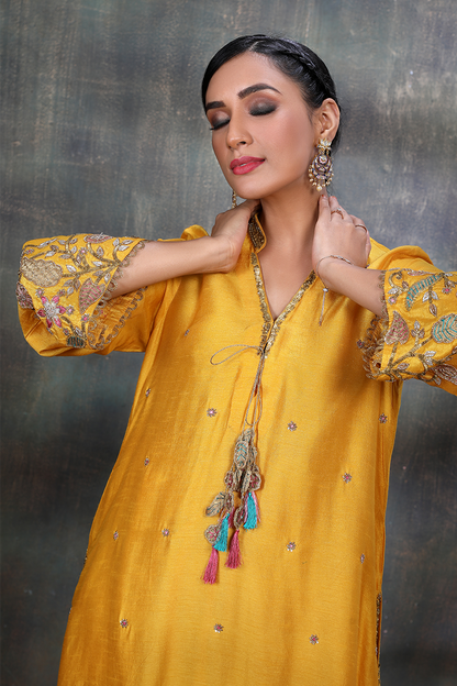 Mustard Mughal Jaal Heavy Sleeves Kurta Set