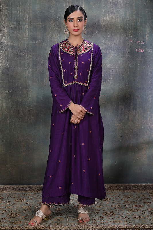 Purple Floral Zardozi Chunnat Kurta Set