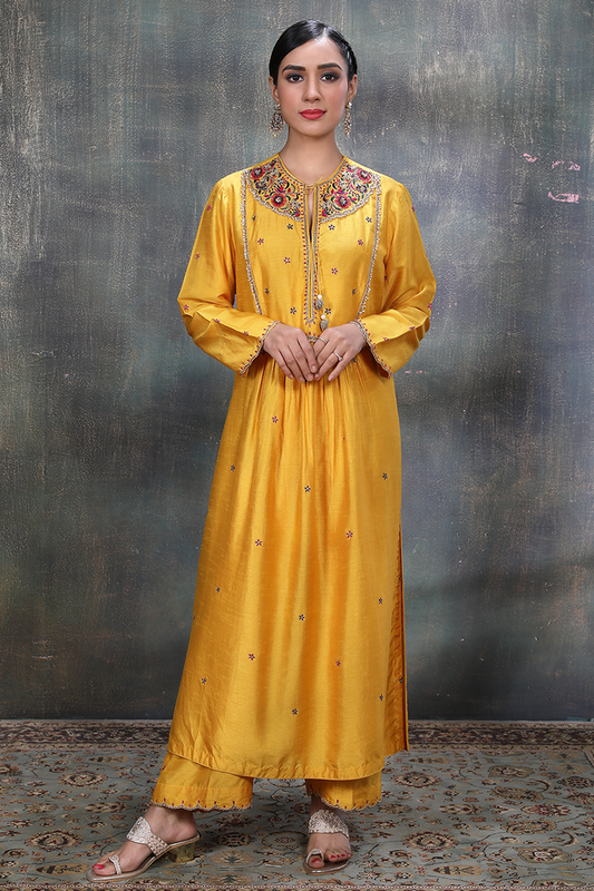 Mustard Floral Zardozi Chunnat Kurta Set