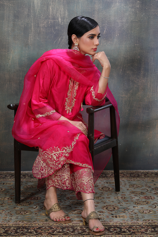 Pink Leaf Jaal Kurta Set