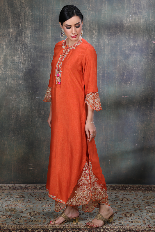 Orange Leaf Jaal Kurta Set