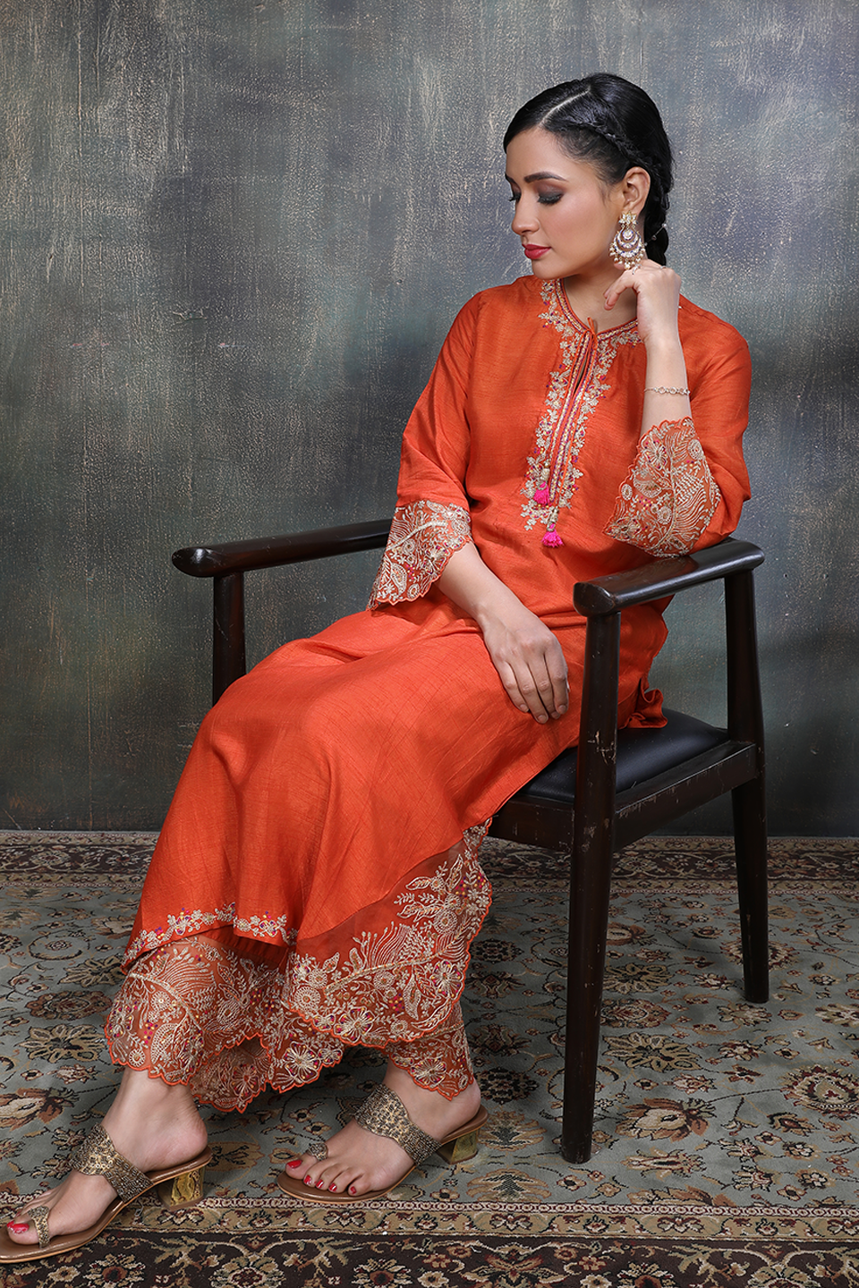 Orange Leaf Jaal Kurta Set