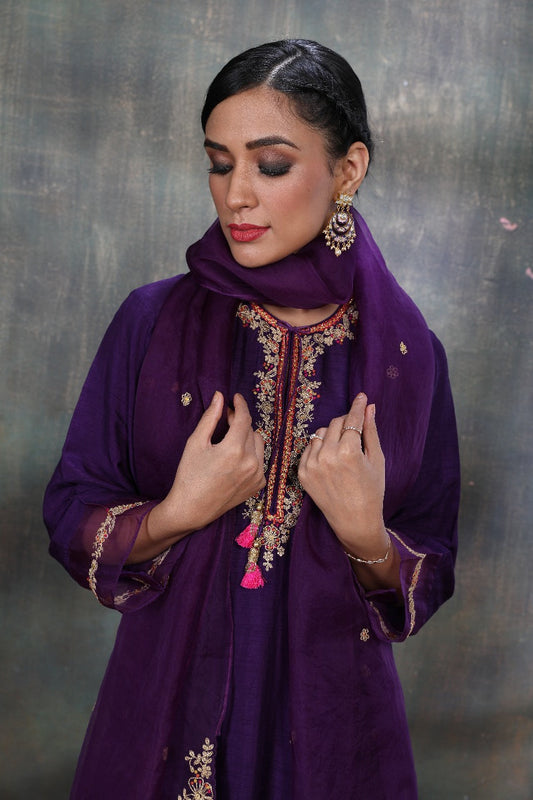 Purple Leaf Jaal Kurta Set