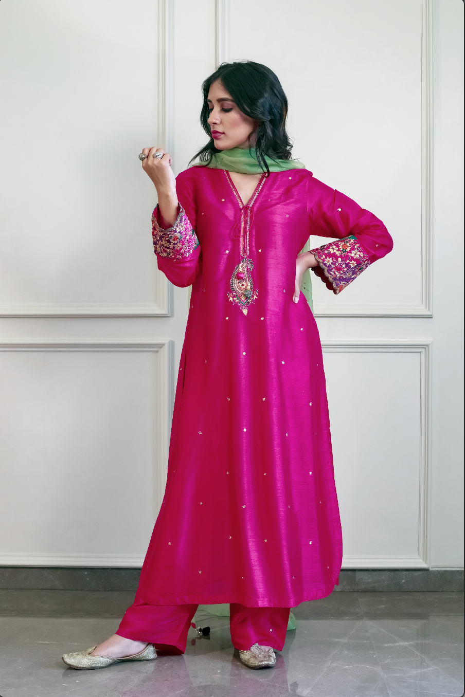 Rani pink pearl work kurta and palazzo- Set Of Two by Ambraee | The Secret  Label
