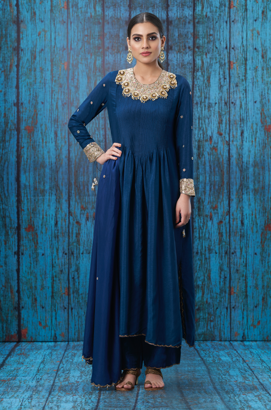 Blue Tikki and Pearl Choker Neck Kurta Set