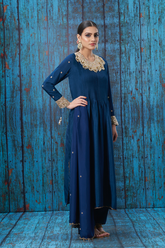 Blue Tikki and Pearl Choker Neck Kurta Set