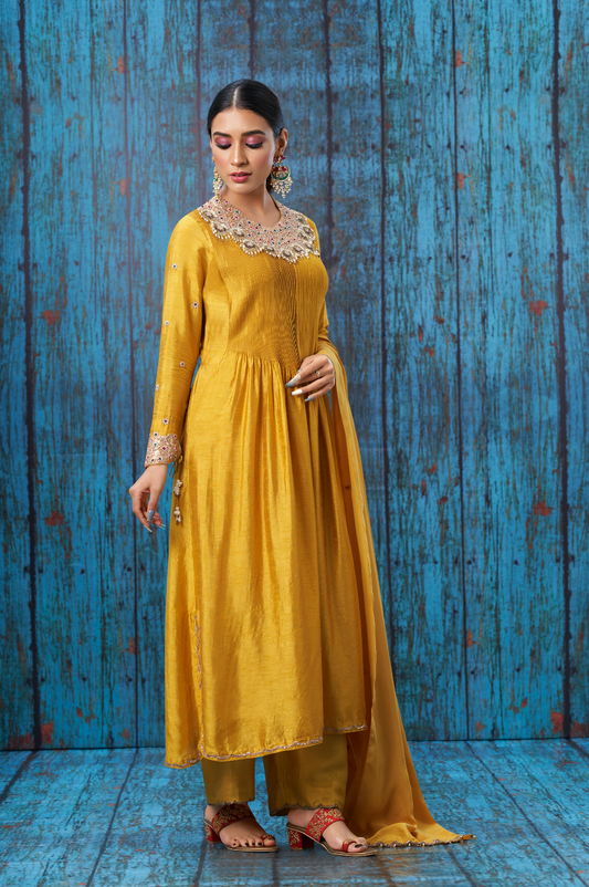 Mustard Tikki and Pearl Choker Neck Kurta Set