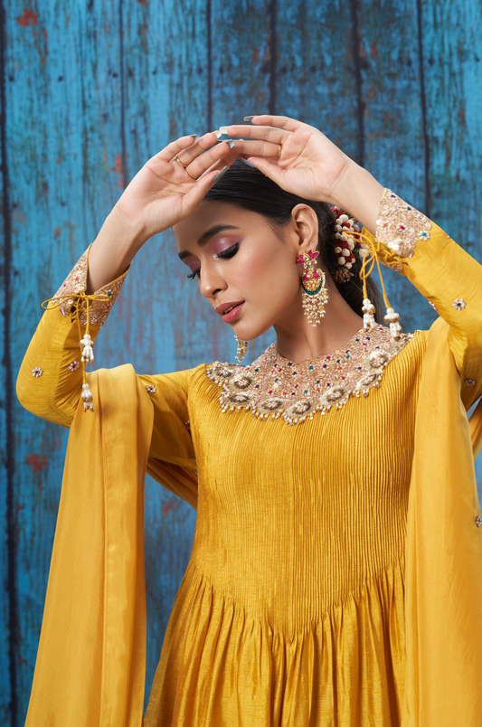 Mustard Tikki and Pearl Choker Neck Kurta Set