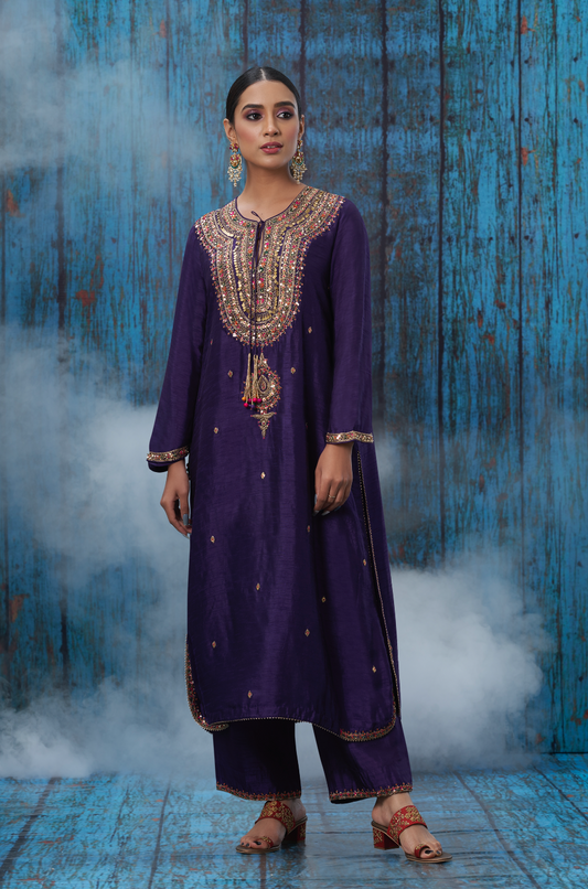 Multicolor Purple Resham and Zardozi  Heavy-Neck Kurta Set