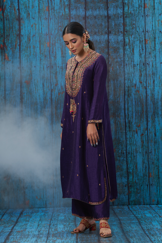 Multicolor Purple Resham and Zardozi  Heavy-Neck Kurta Set
