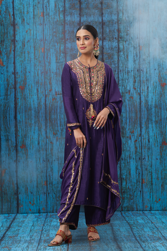 Multicolor Purple Resham and Zardozi  Heavy-Neck Kurta Set