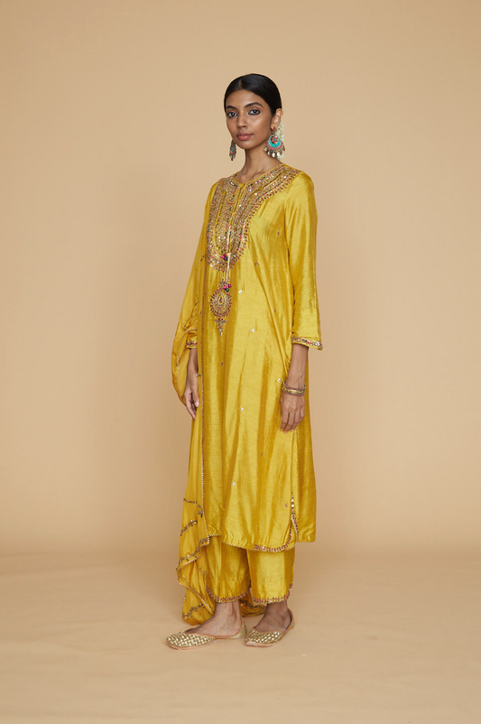 Multicolor Mustard Resham and Zardozi  Heavy-Neck Kurta Set