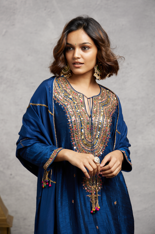 Multicolor Blue Resham and Zardozi  Heavy-Neck Kurta Set